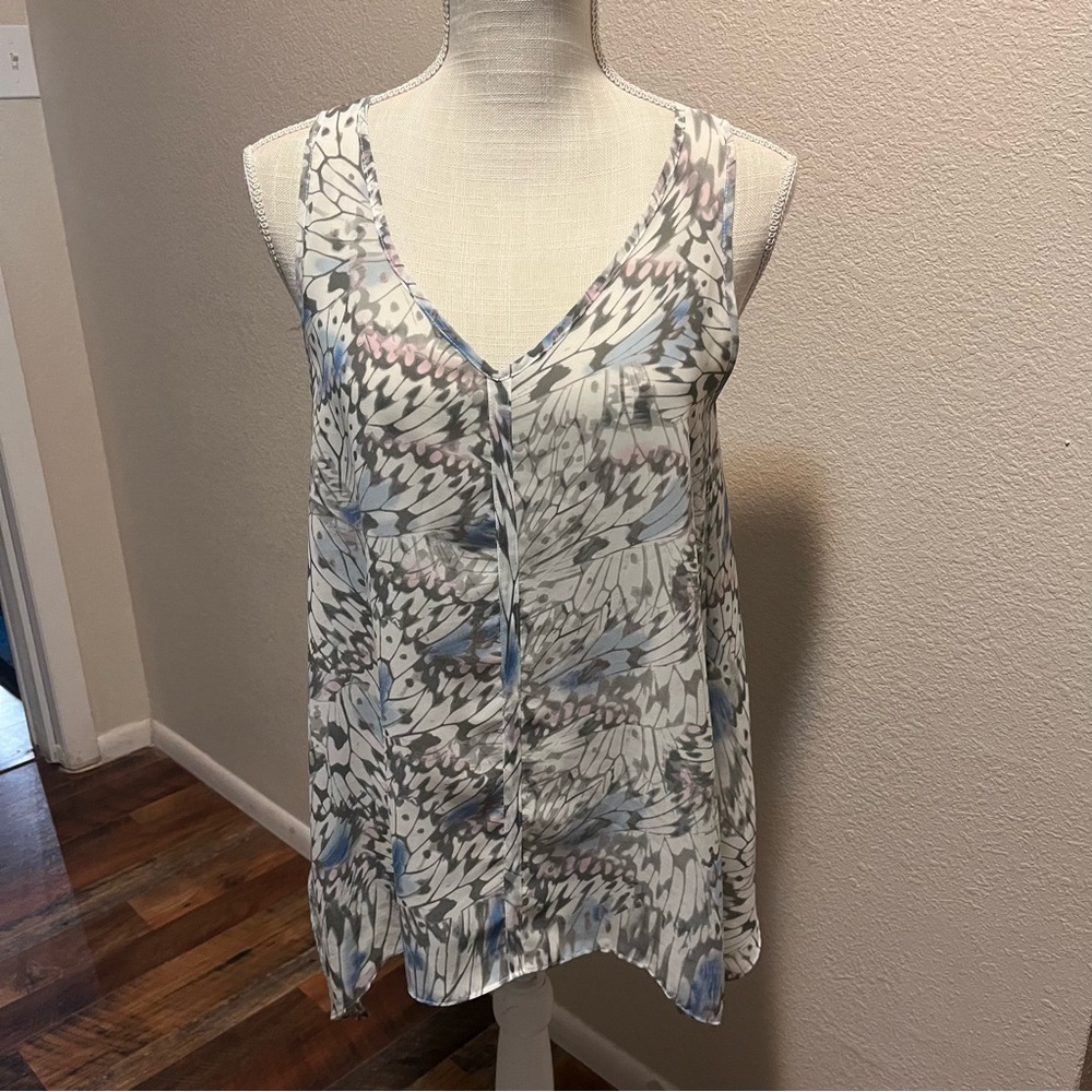 DKNY Jeans Tunic Top Blouse Grey Blue White Pink Butterfly Print - Size Small